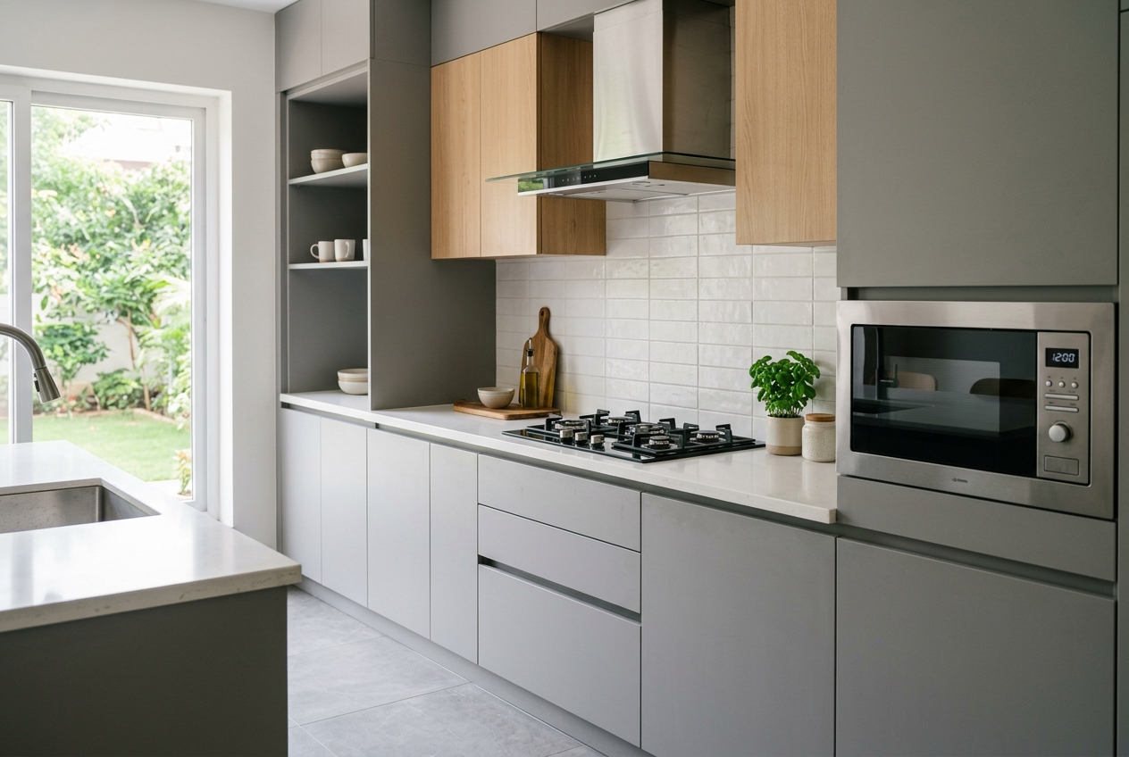 Clean modern Indian kitchen with chimney, hob and microwave