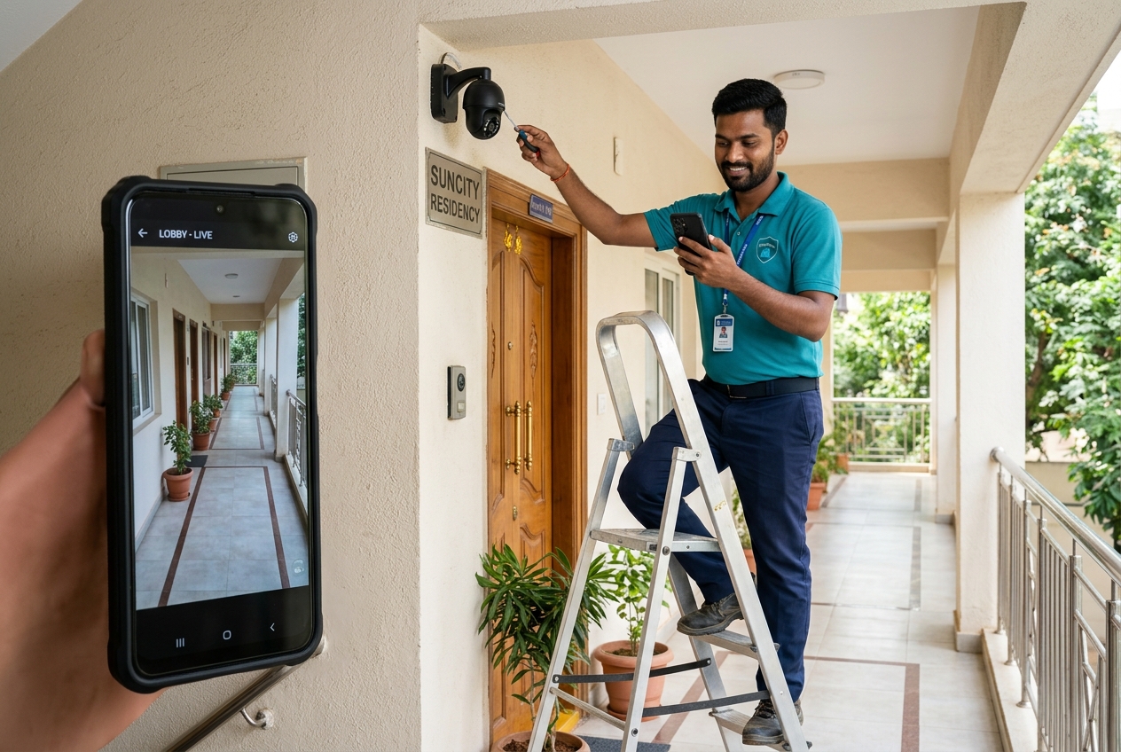 Technician installing a CCTV camera at an apartment entrance