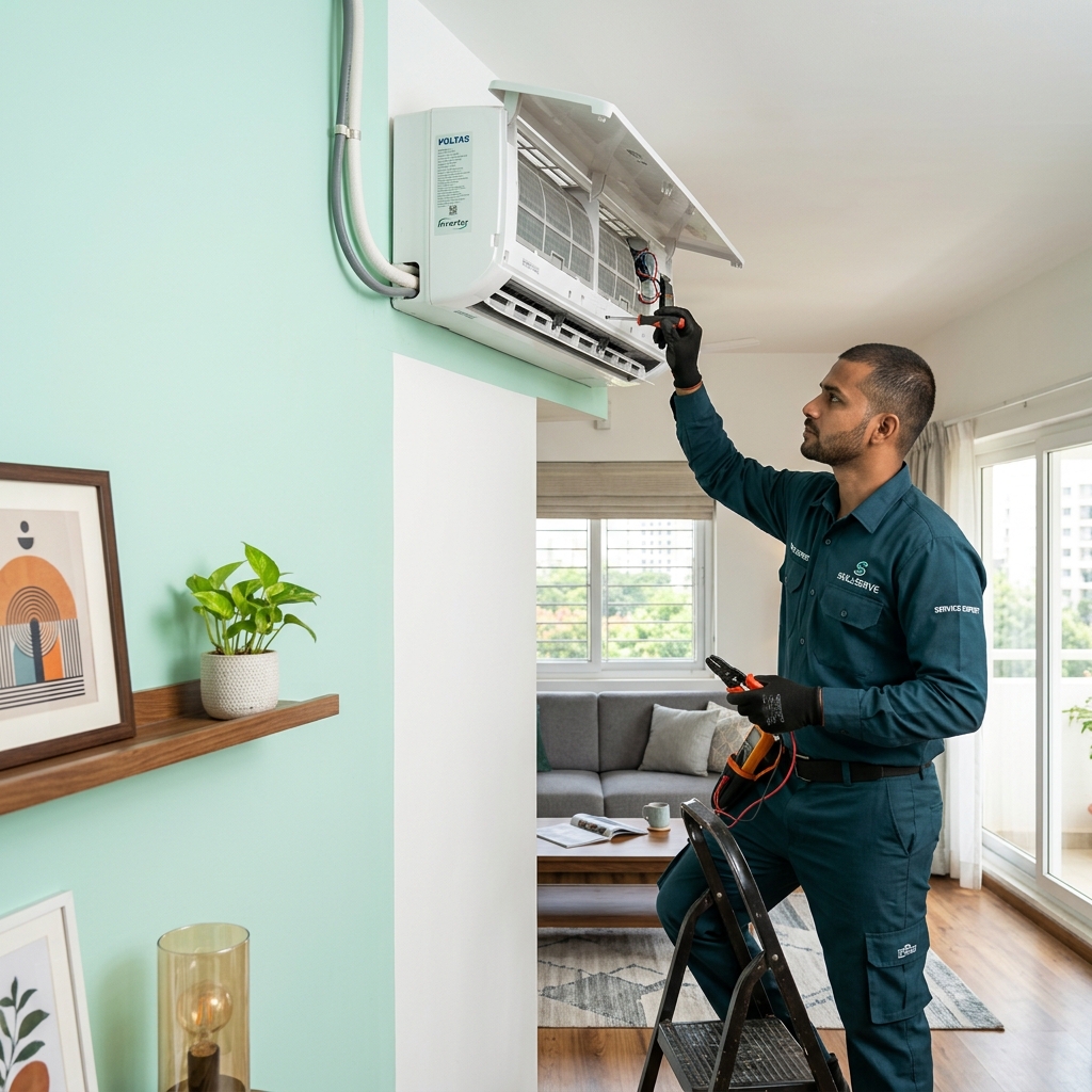 Technician servicing a wall-mounted split AC with a professional toolkit