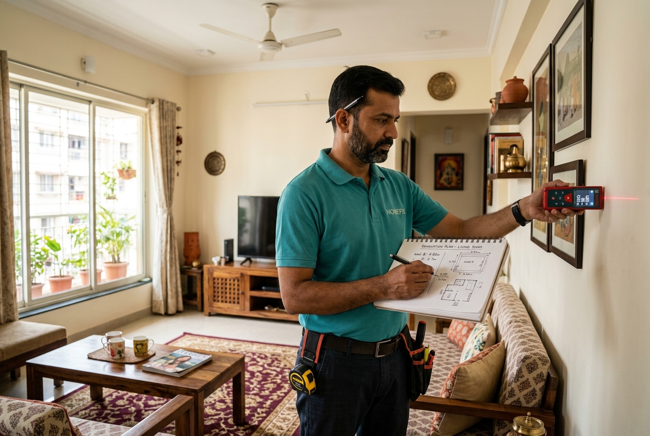 Home improvement professional measuring a wall with a laser measure