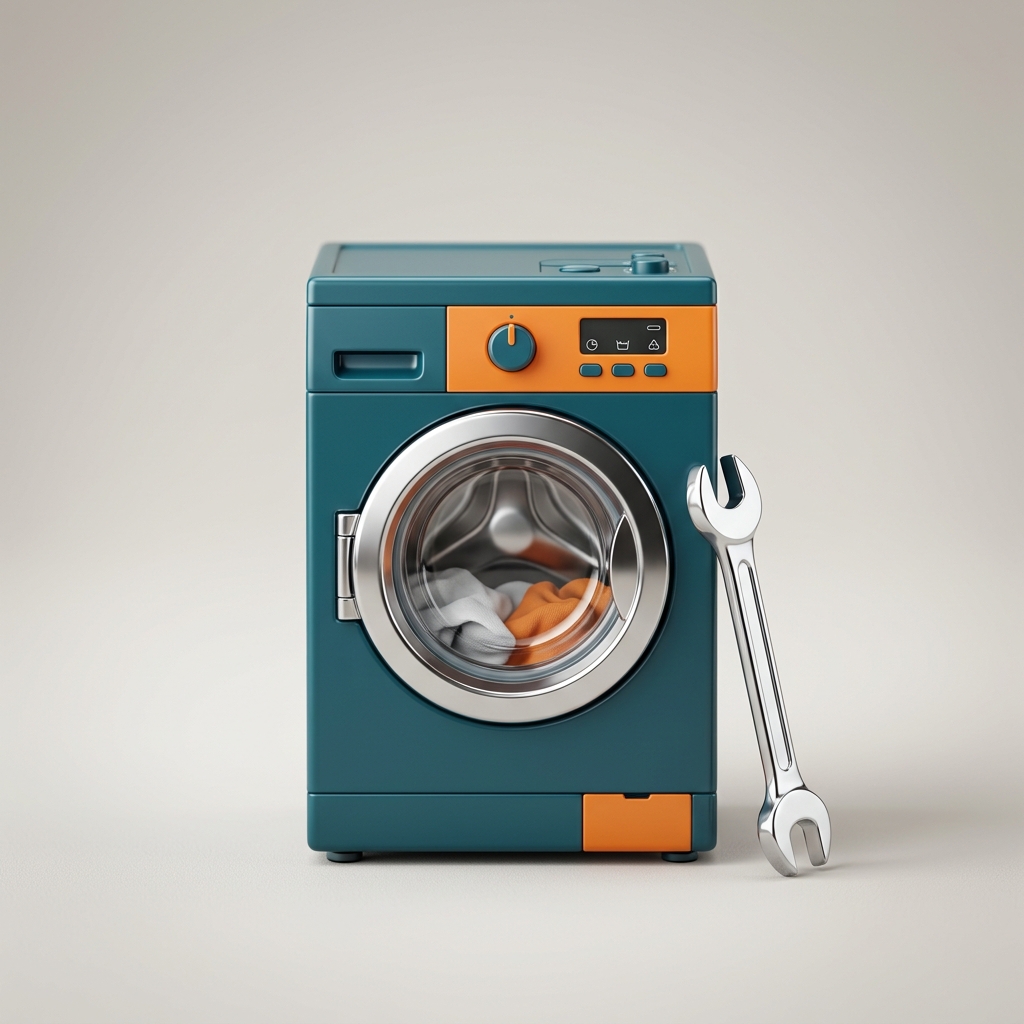 3D illustration of a washing machine with a repair wrench