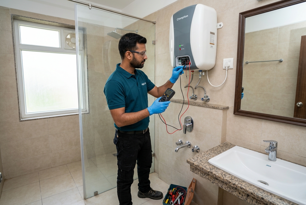 Technician safely inspecting a wall-mounted geyser with gloves and tools