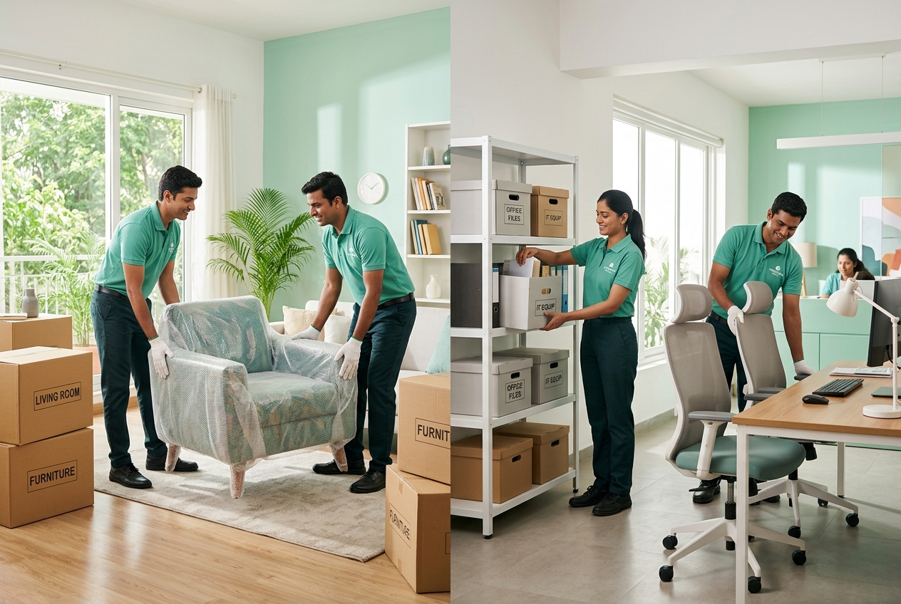 Uniformed Zaddy TaskMates lifting furniture in a home and arranging office chairs and storage boxes at a workplace