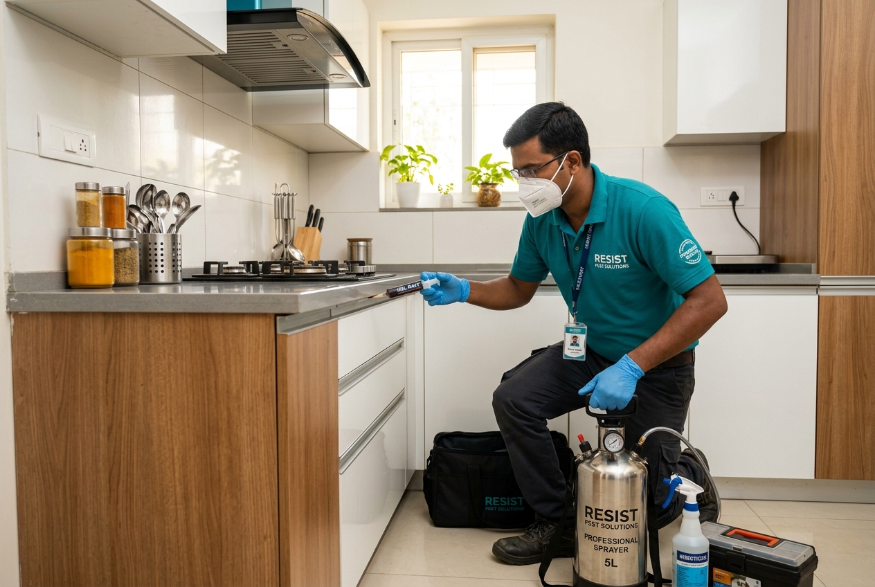 Professional applying controlled pest treatment with safety equipment