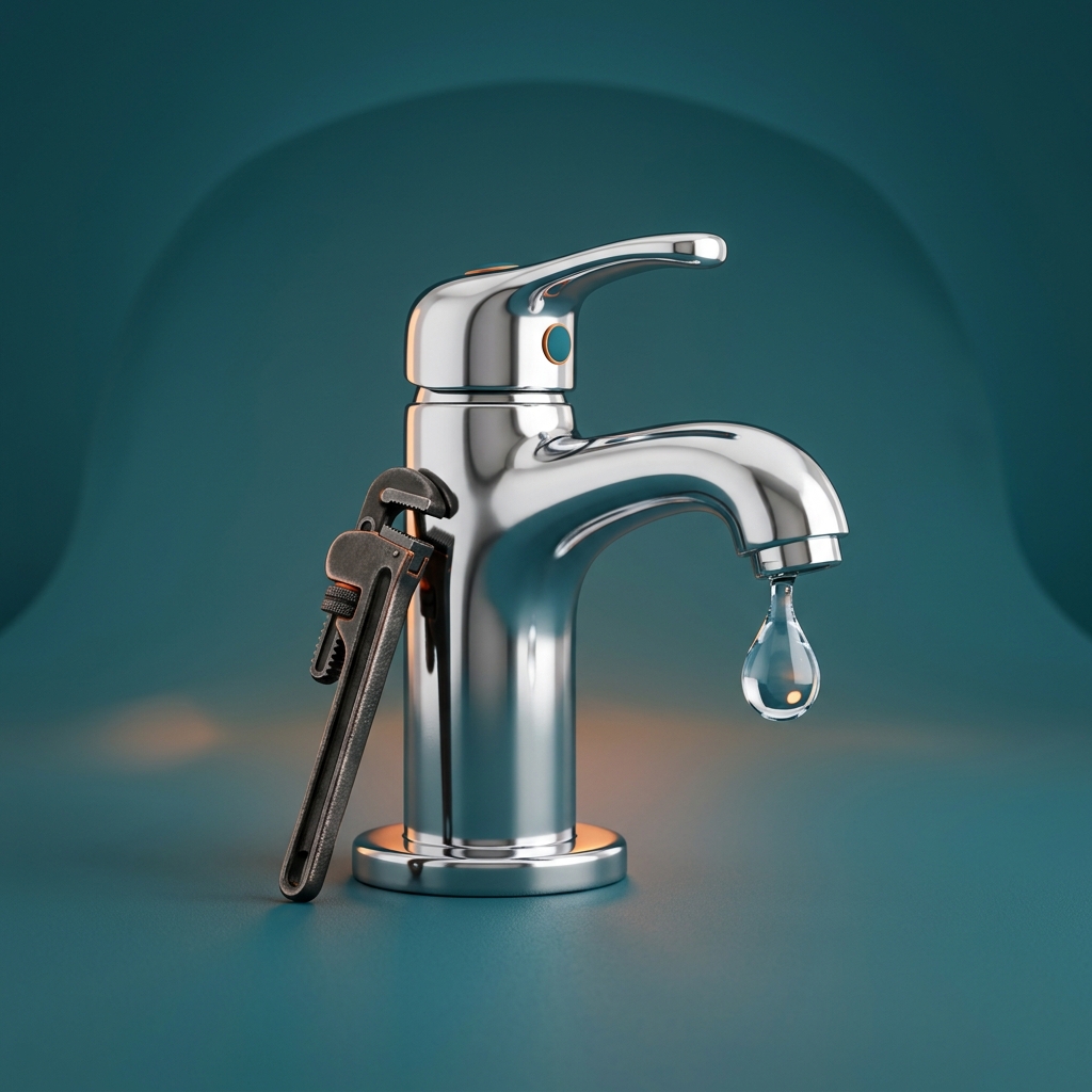 3D illustration of a chrome water tap with pipe wrench and water drop