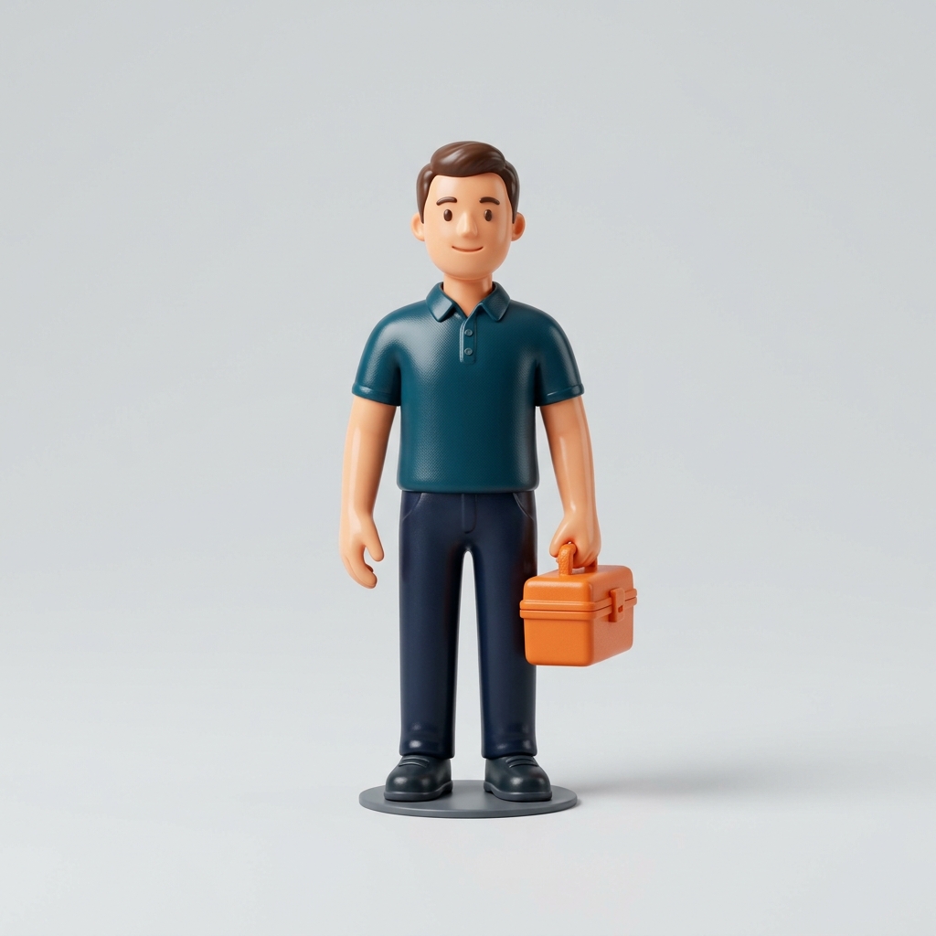 3D illustration of a uniformed helper carrying a compact toolbox