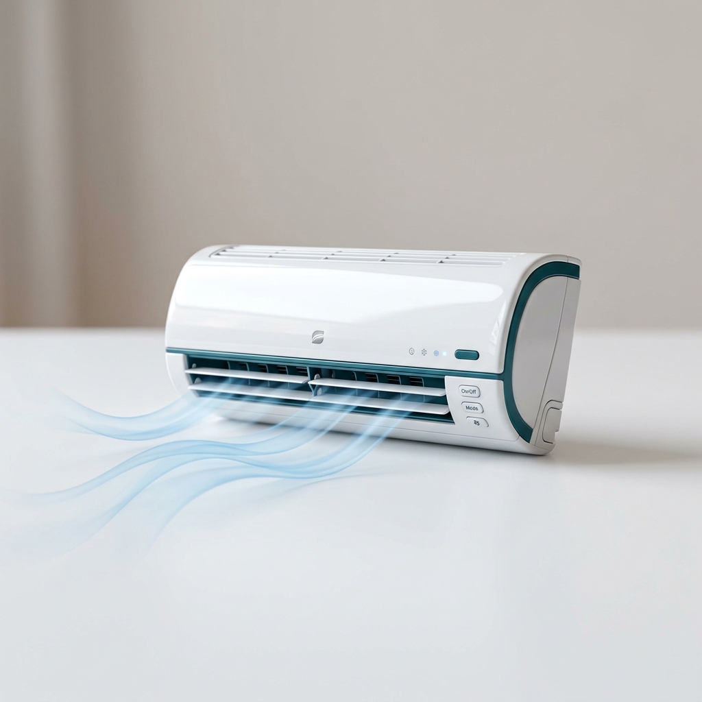 3D illustration of a split AC indoor unit with cool-air waves