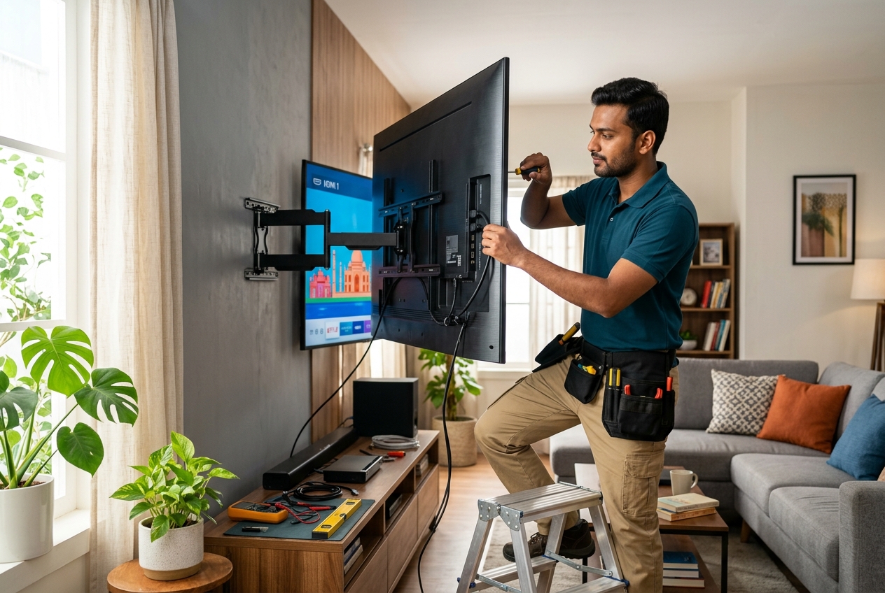Technician wall-mounting and testing a smart TV in a living room