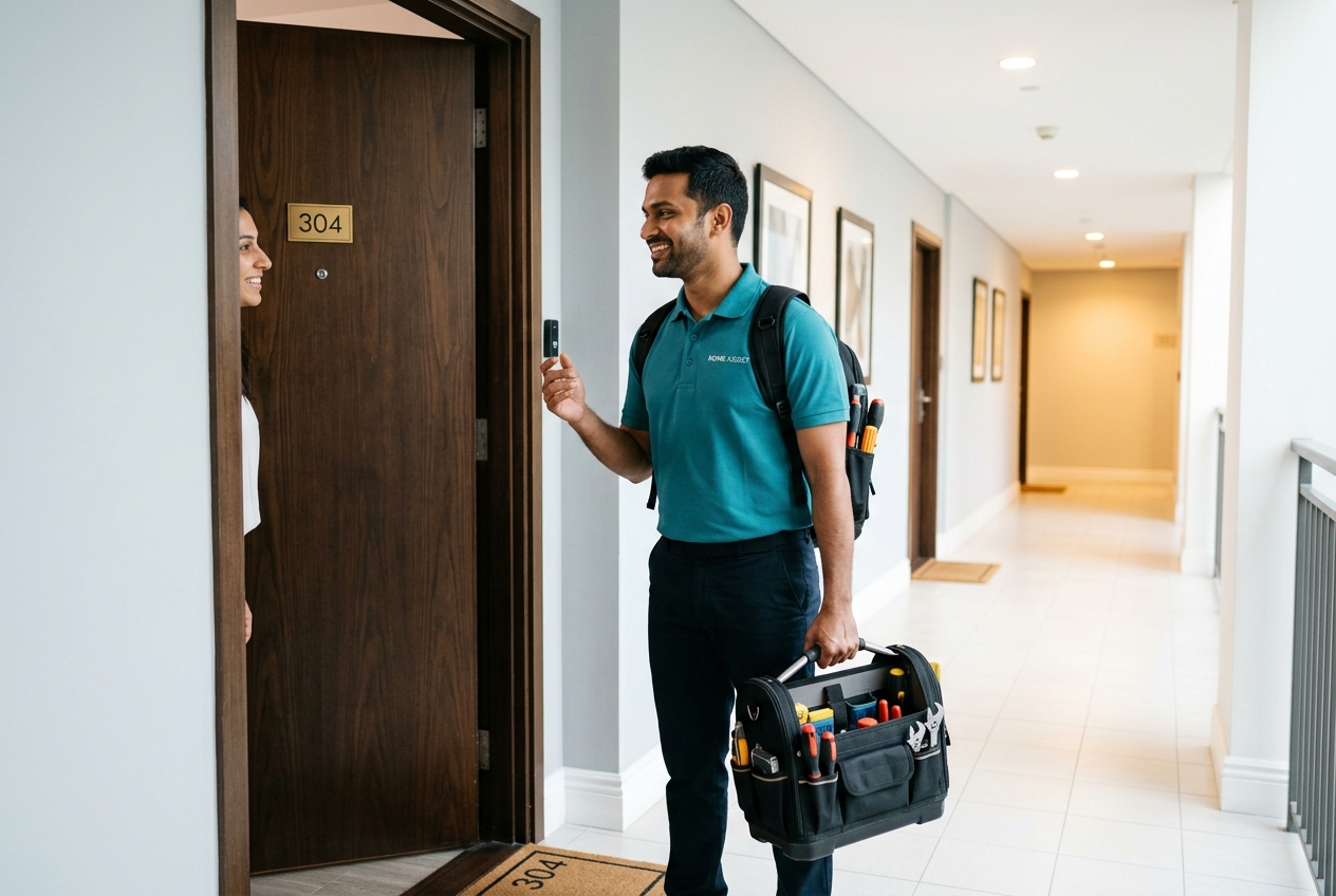 Professional arriving at an apartment door with a prepared toolkit