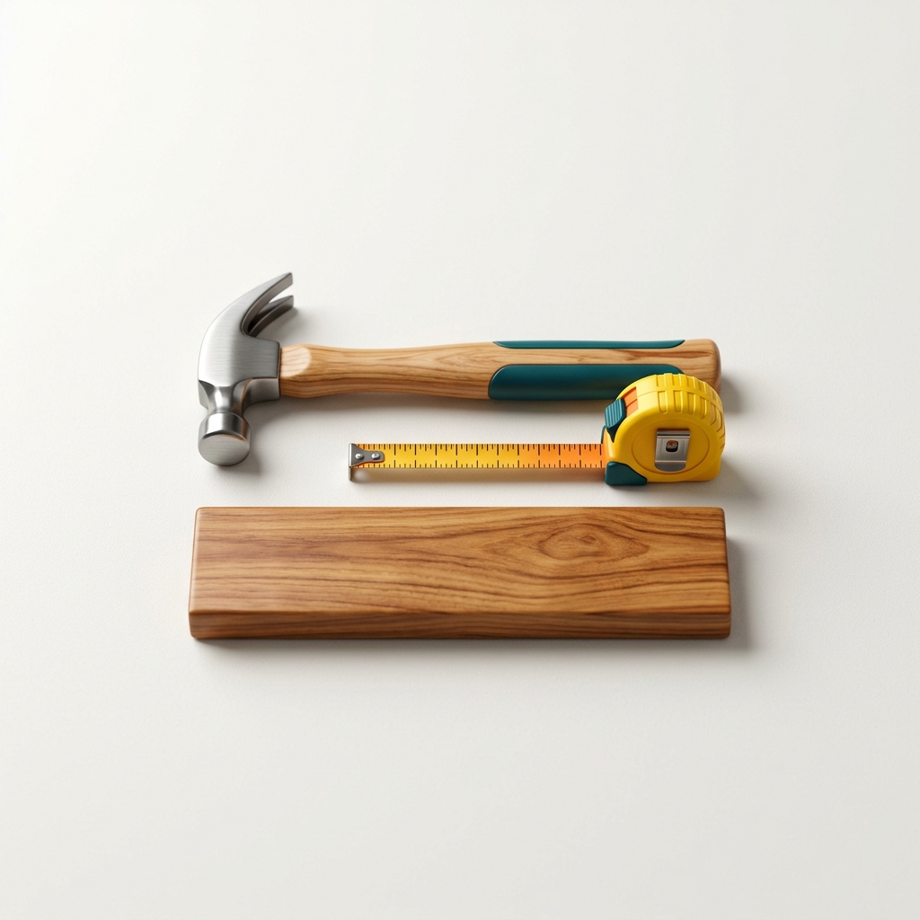 3D illustration of a wooden hammer, measuring tape and wood plank