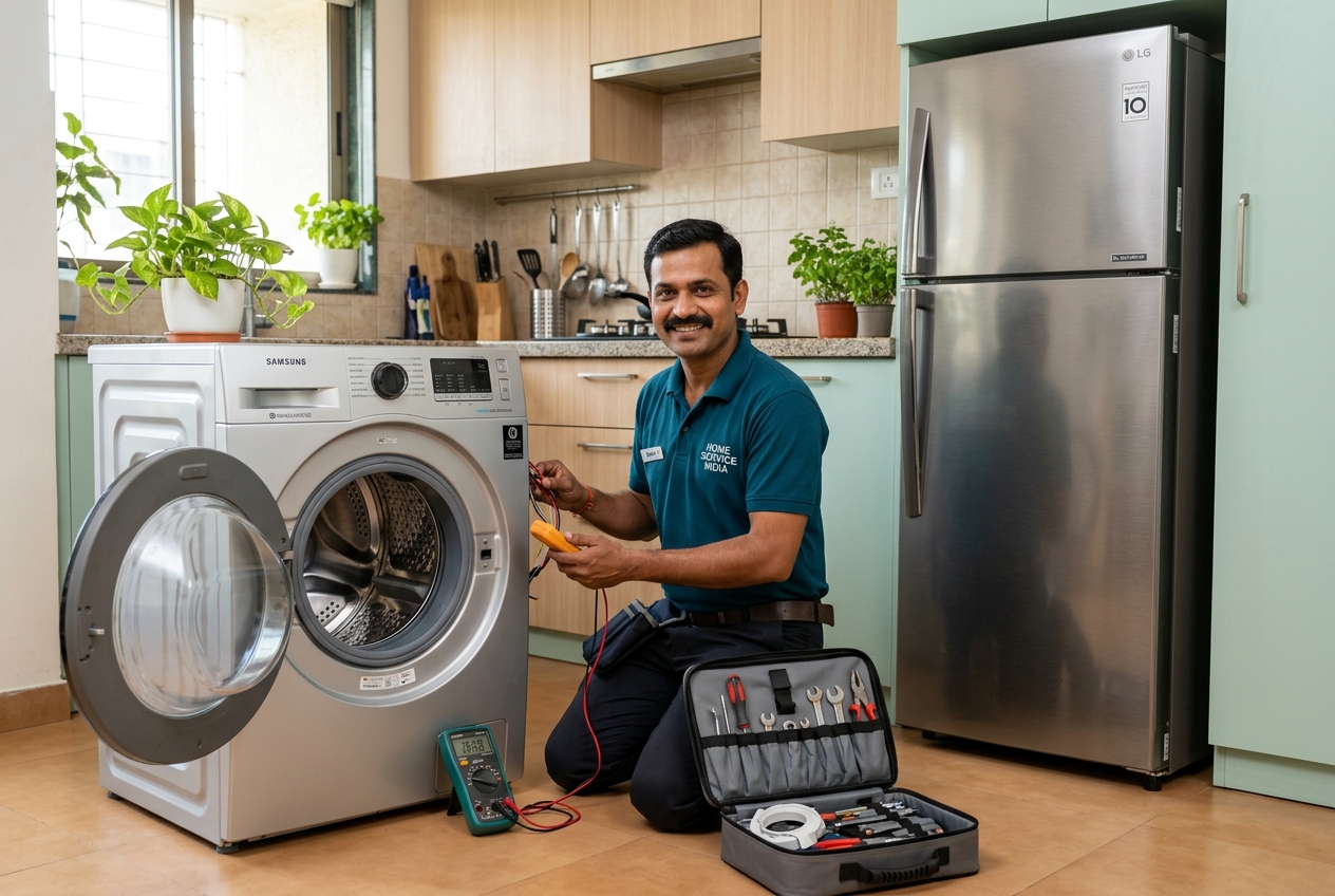 Technician diagnosing a front-load washing machine in an Indian home