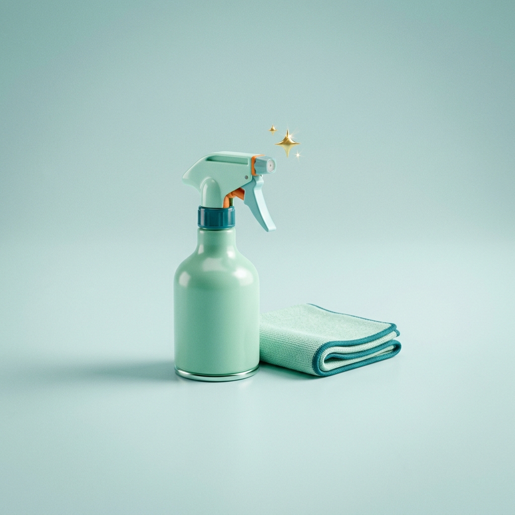 3D illustration of a spray bottle with microfiber cloth and sparkle