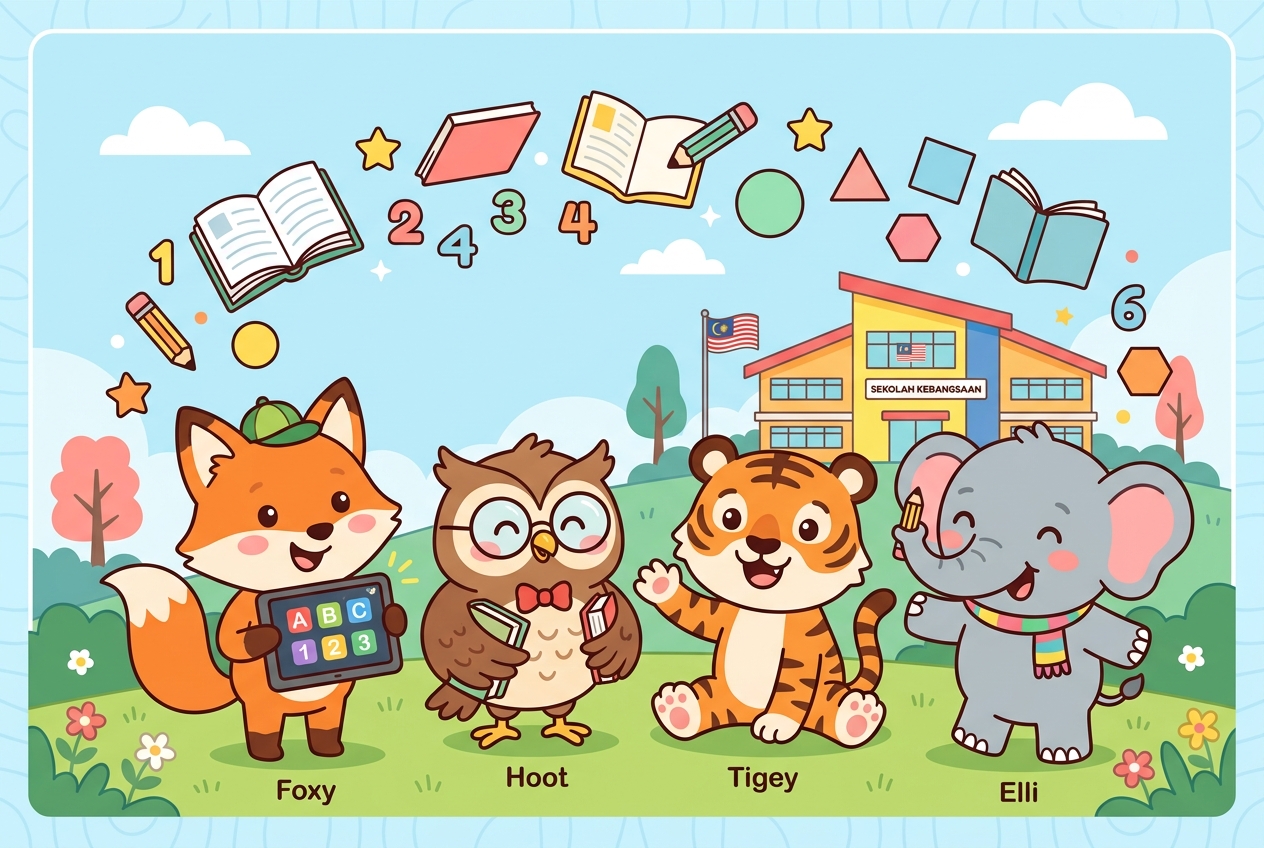 EduVentura cartoon mascots learning together