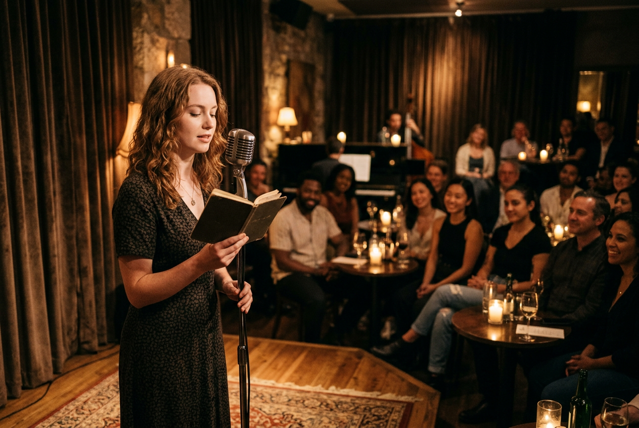 A poet reading at a microphone before a warm, diverse candlelit crowd