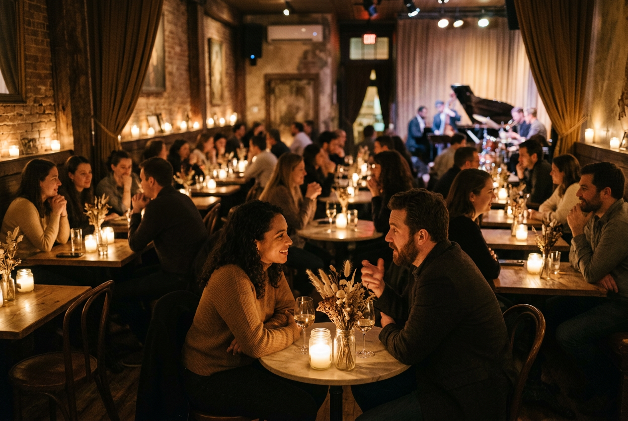 Intimate two-person tables throughout a candlelit room