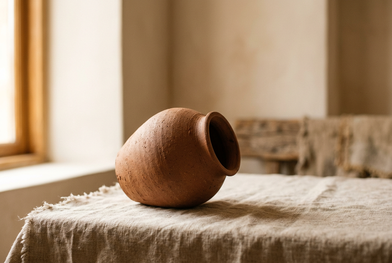 A clay vessel tipped over, pouring out in warm light