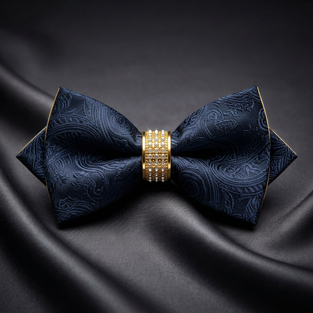 Navy Paisley Crystal Bow Tie