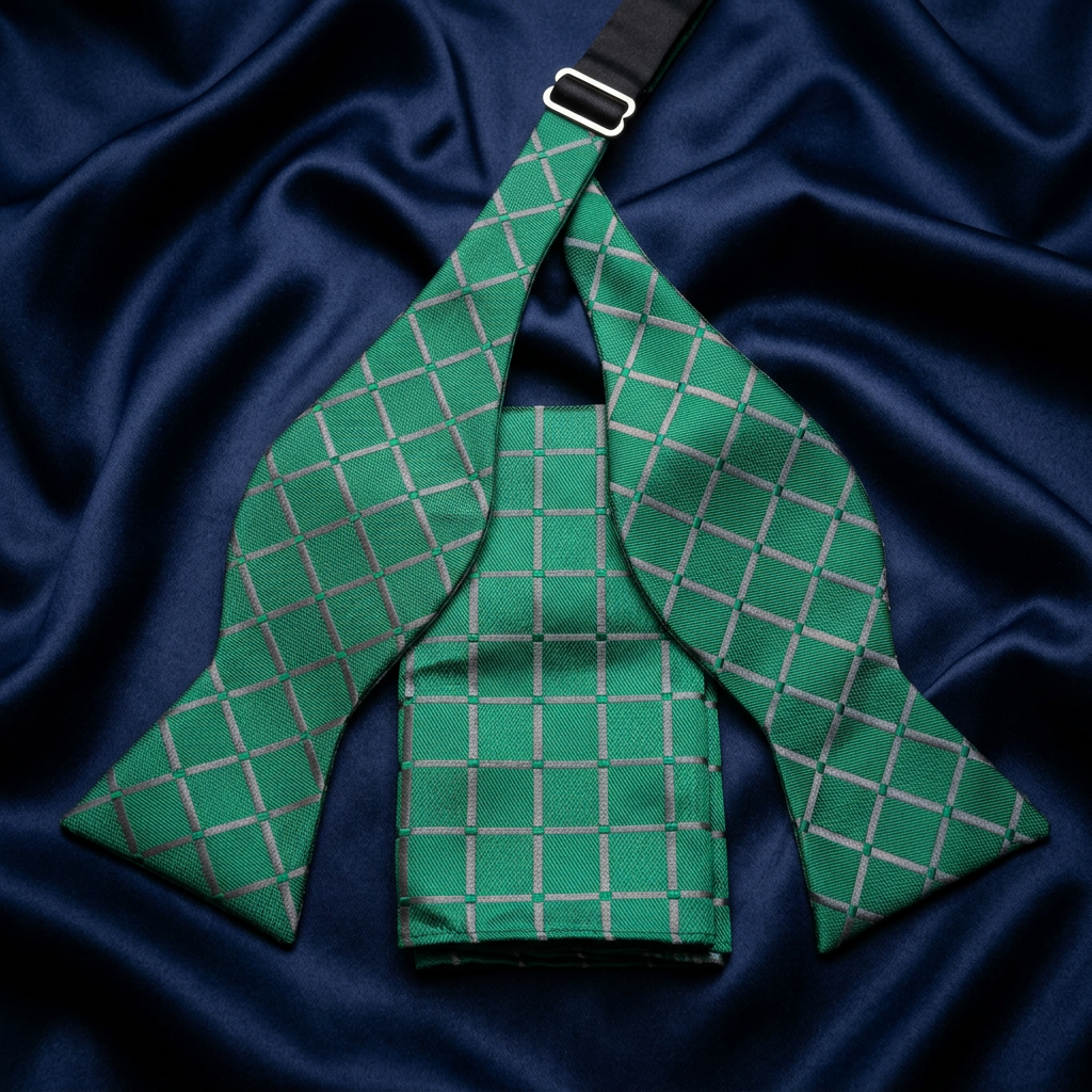Emerald Check Self-Tie Bow Tie & Pocket Square