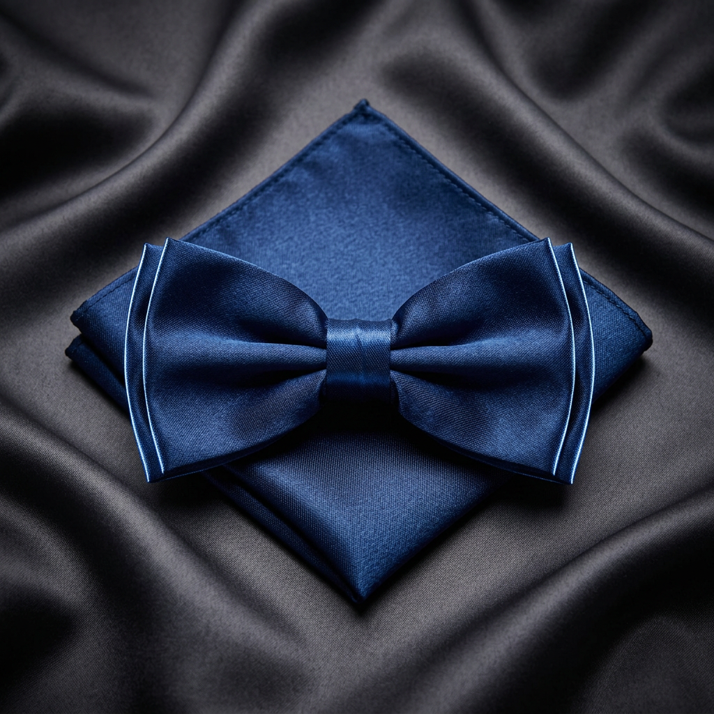 Navy Satin Bow Tie & Pocket Square