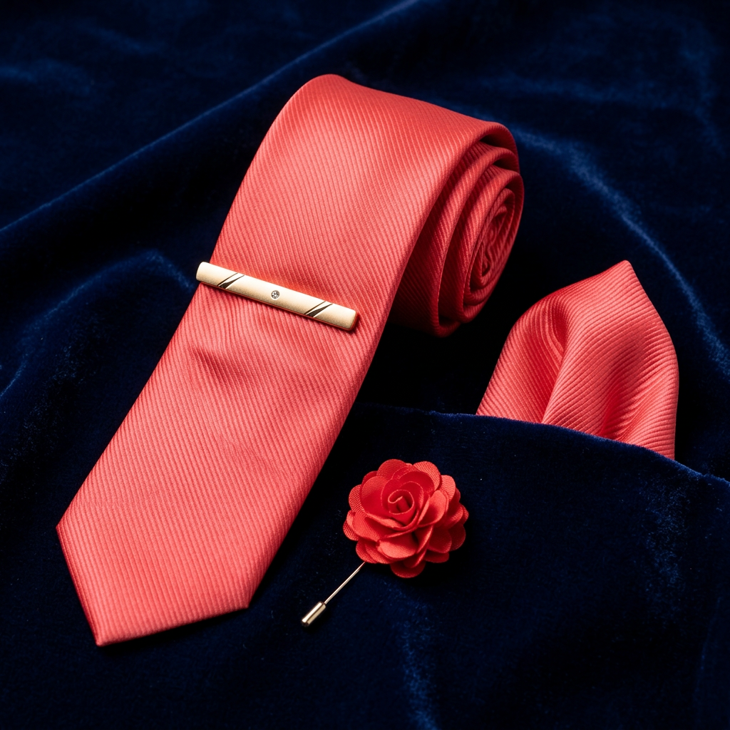 Coral Red Necktie Set