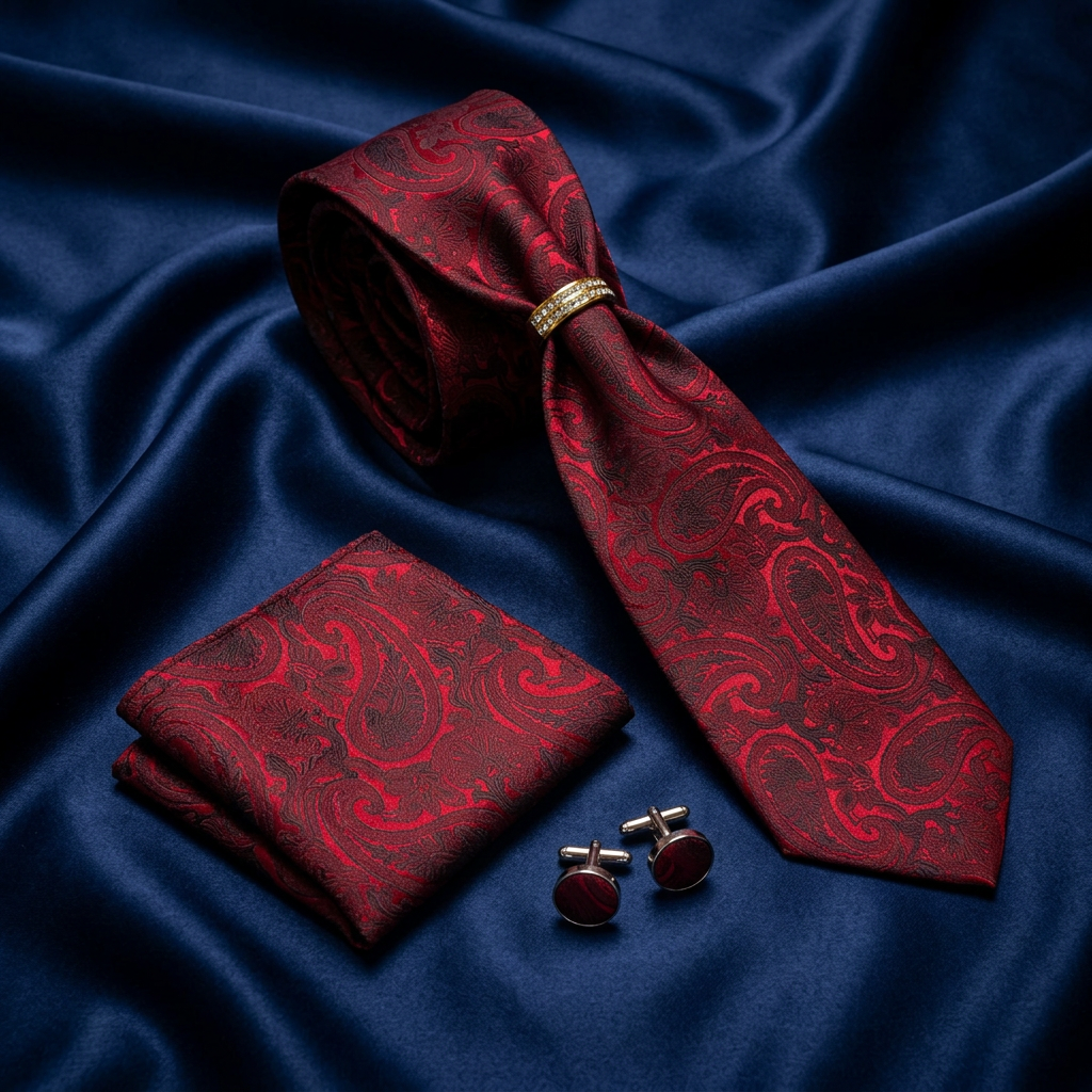 Wine Red Paisley Necktie Set