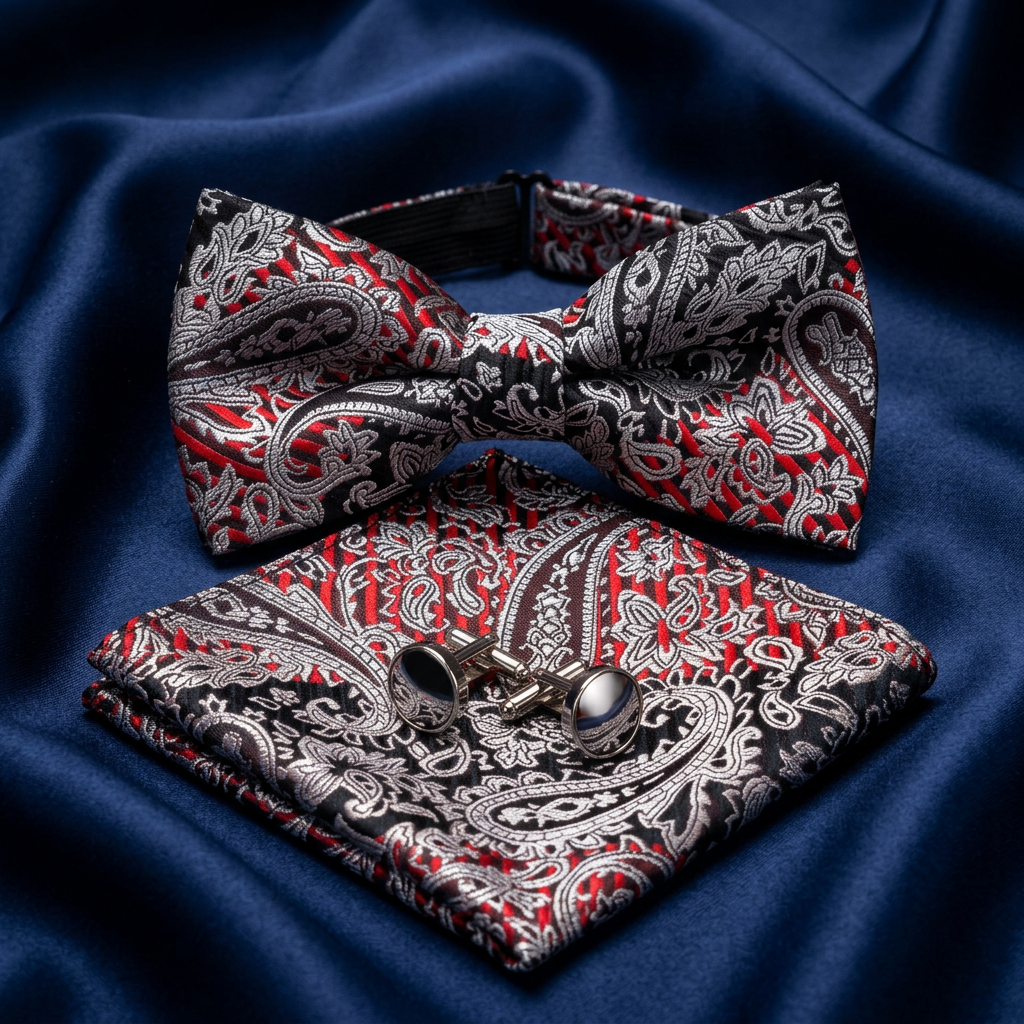 Red & Silver Paisley Bow Tie 3 Piece Set