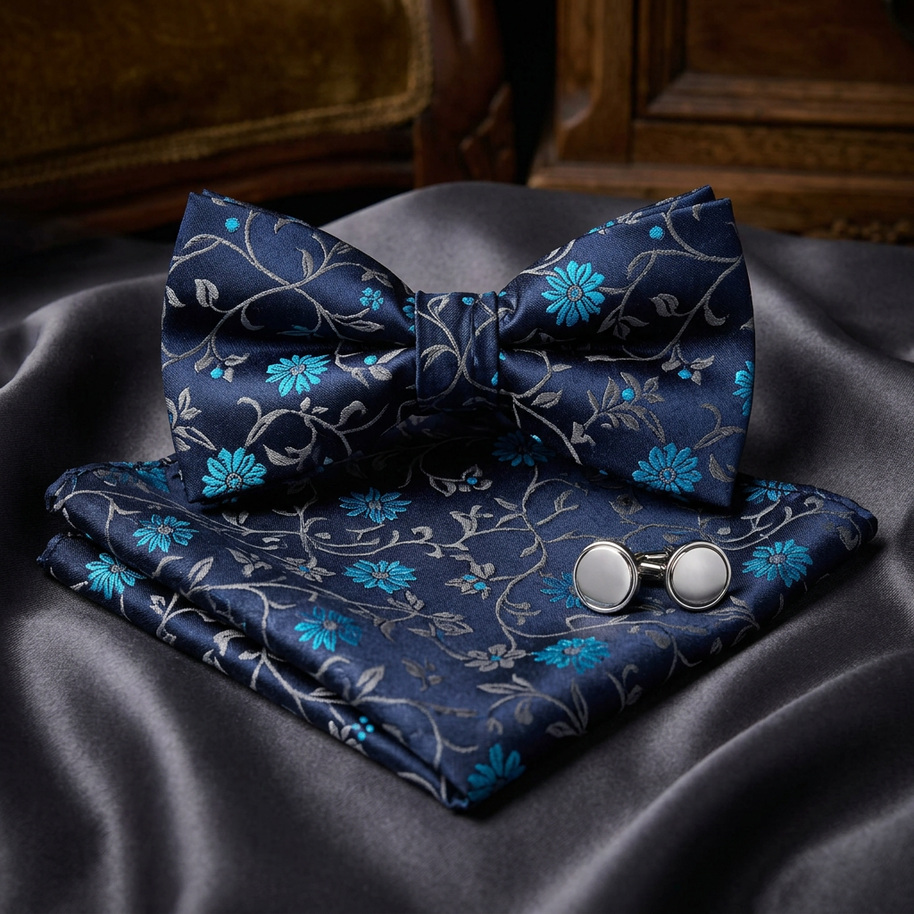 Navy & Turquoise Floral Bow Tie Set