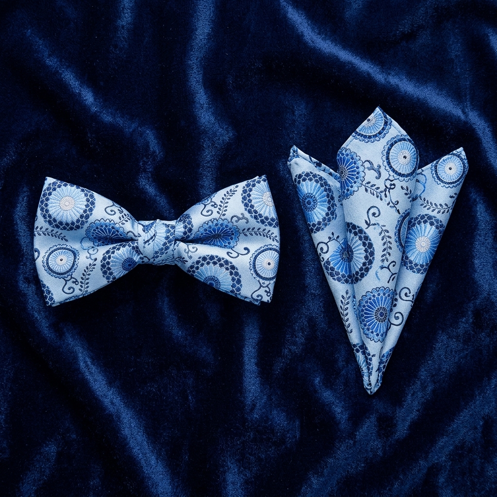 White & Blue Pattern Bow Tie Set