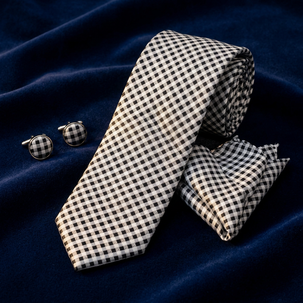 Black & White Gingham Necktie Set