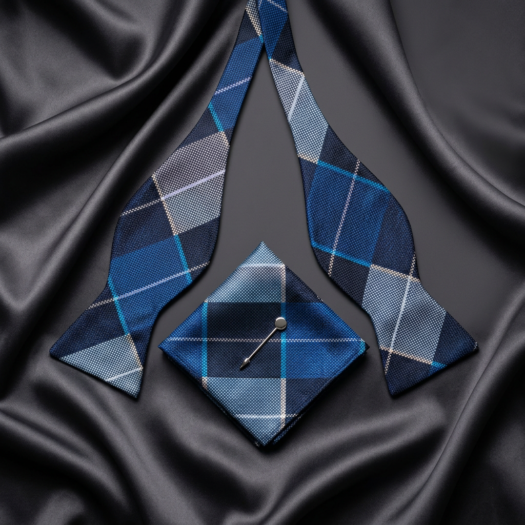Blue Check Self-Tie Bow Tie Set