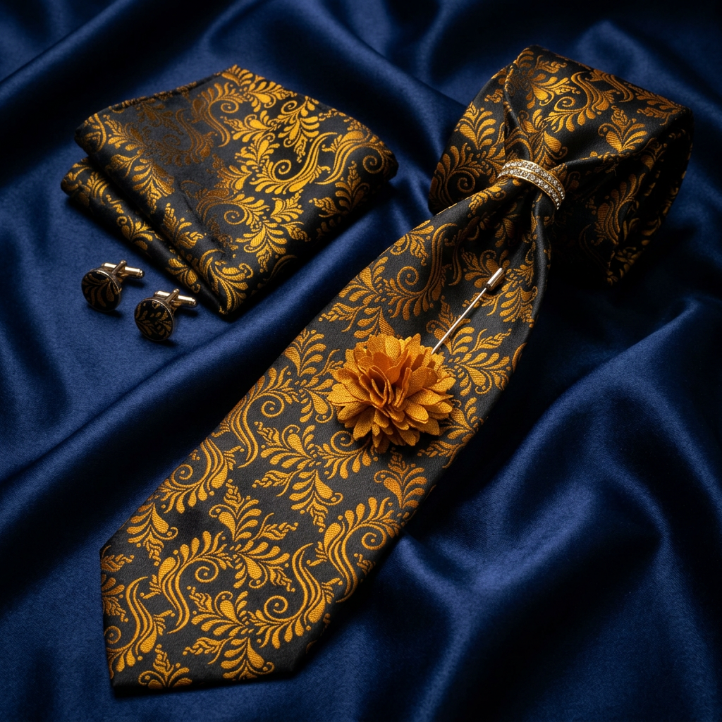 Black & Gold Vine Necktie Set