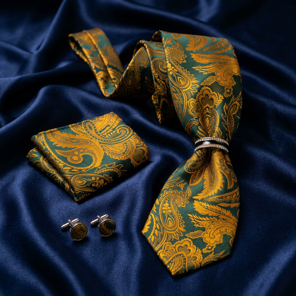 Emerald & Gold Paisley Necktie Set