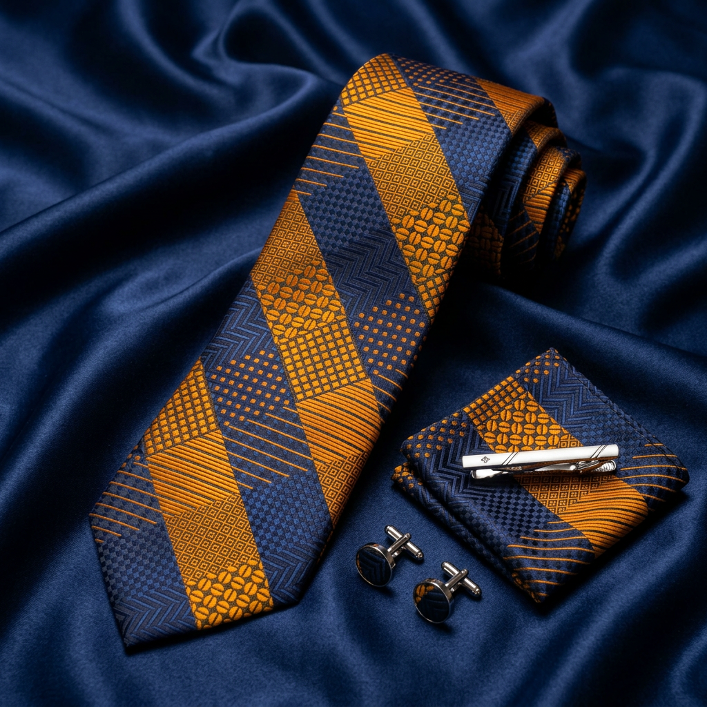 Navy & Orange Patchwork Necktie Set