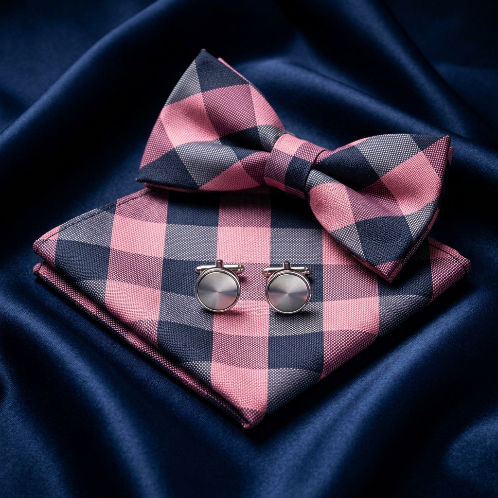 Pink & Navy Check Self-Tie Bow Tie Set