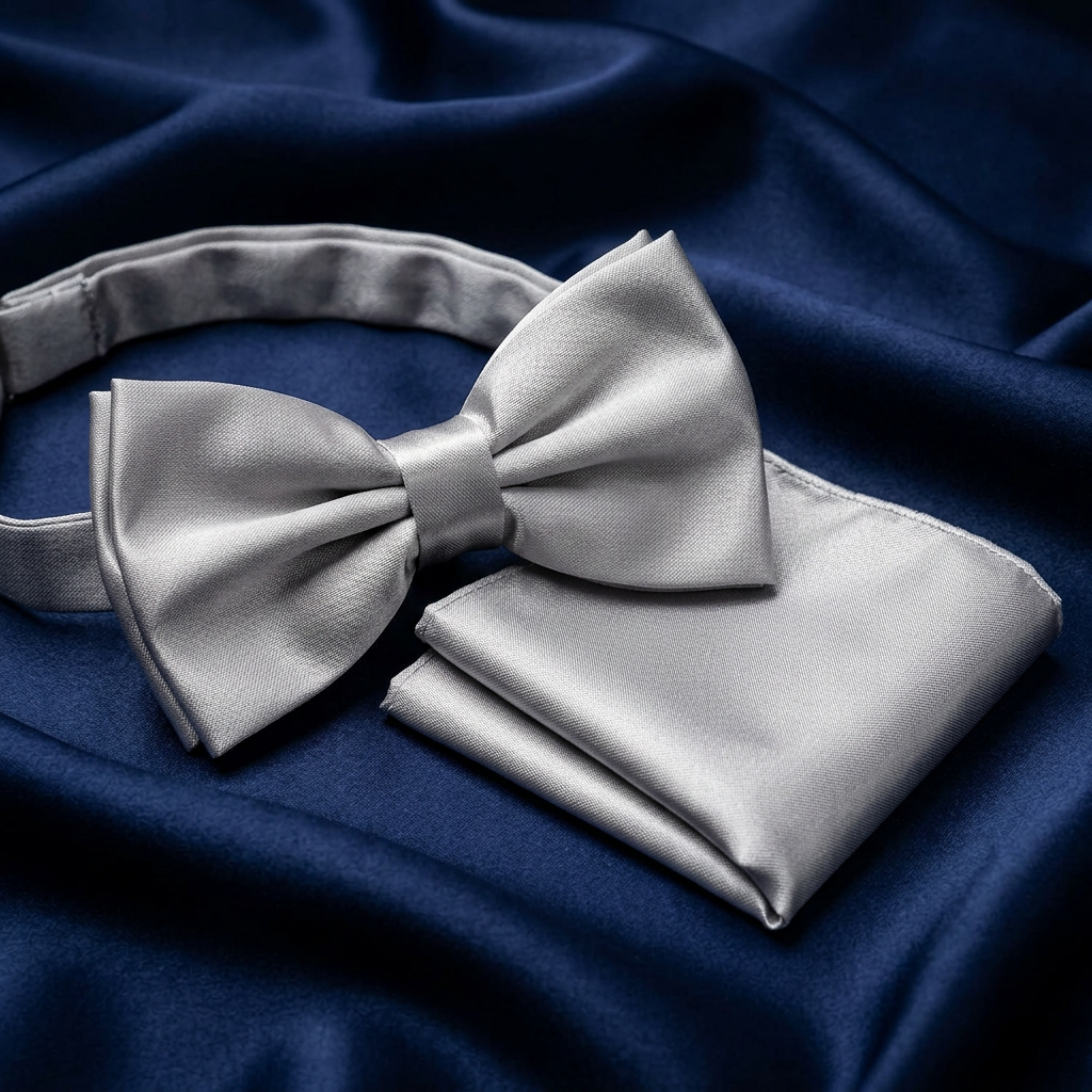 Silver Satin Bow Tie & Pocket Square