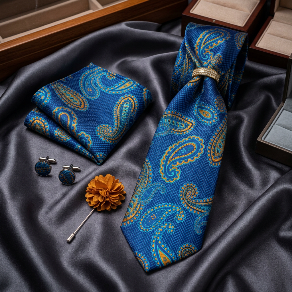 Royal Blue & Orange Paisley Necktie Set