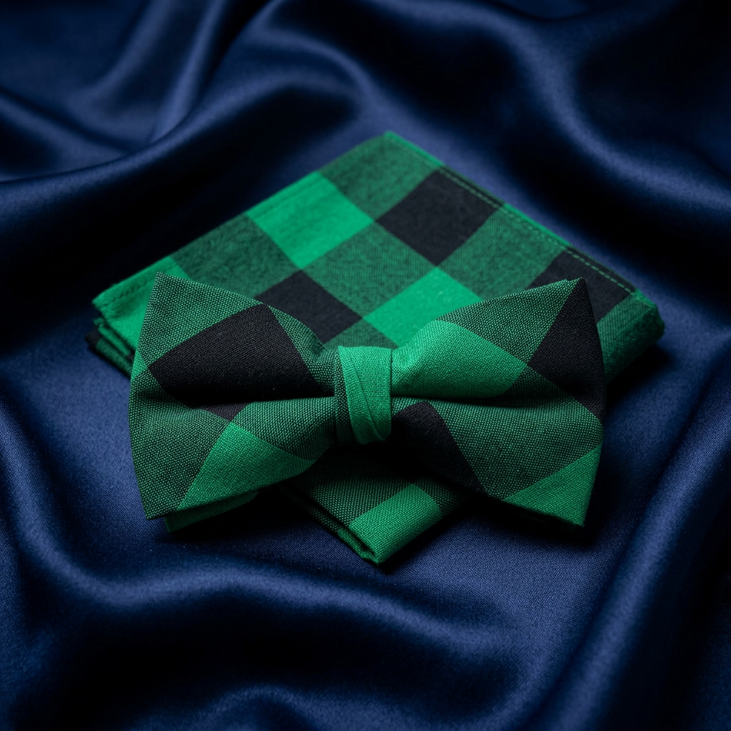 Green Buffalo Check Cotton Bow Tie & Hanky