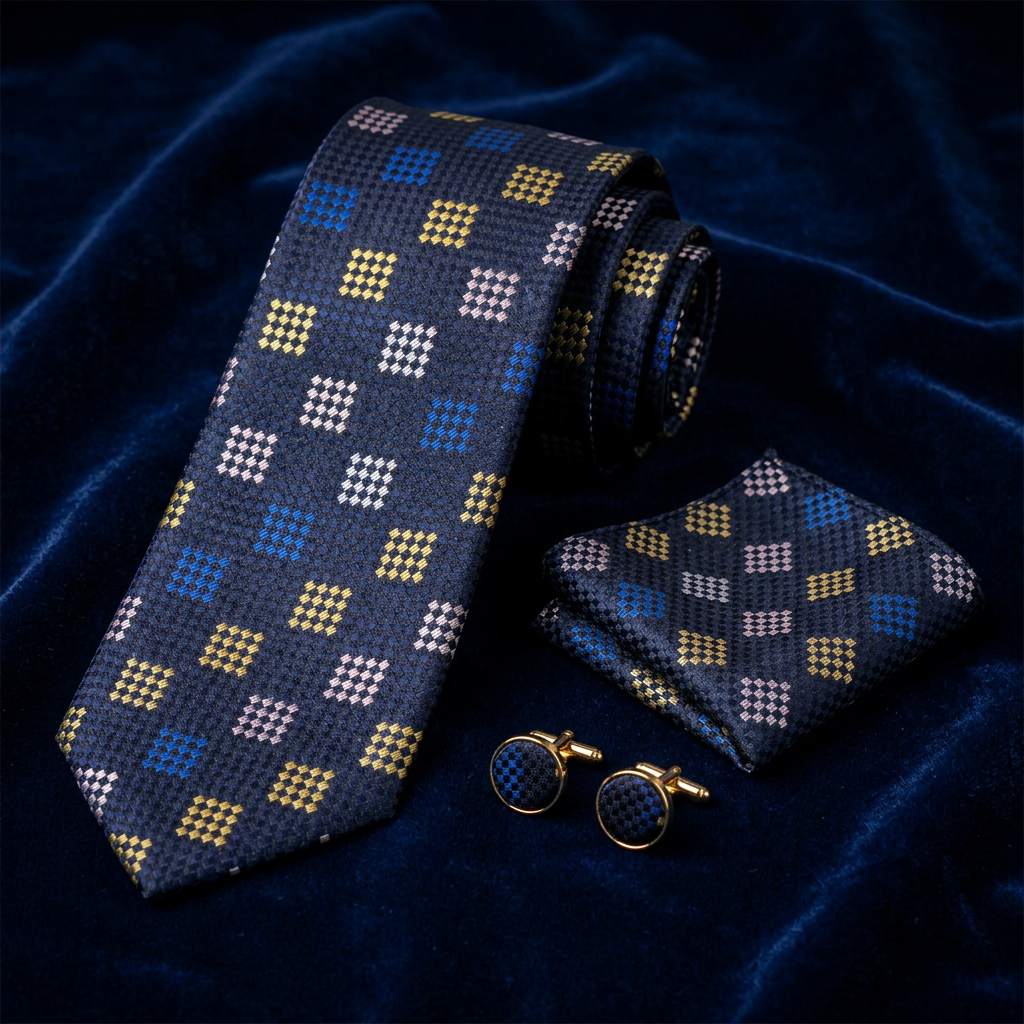 Navy Multicolor Check Necktie Set