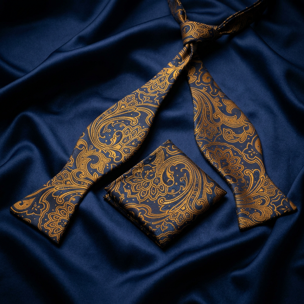Navy & Gold Baroque Self-Tie Bow Tie Set