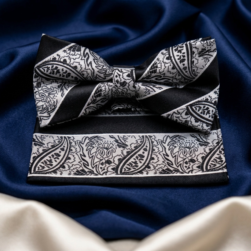 Black & Silver Paisley Stripe Bow Tie