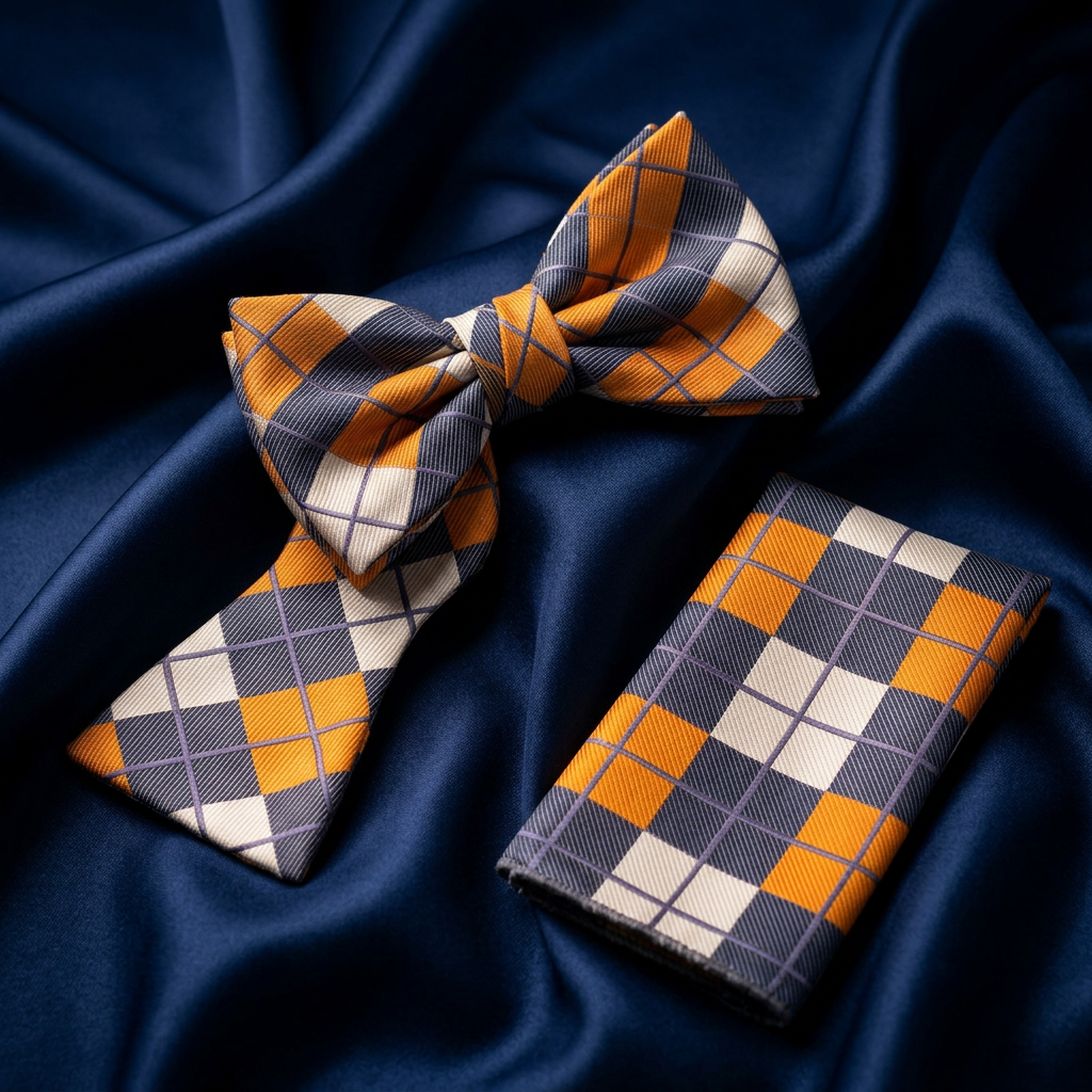 Orange Argyle Self-Tie Bow Tie & Hanky