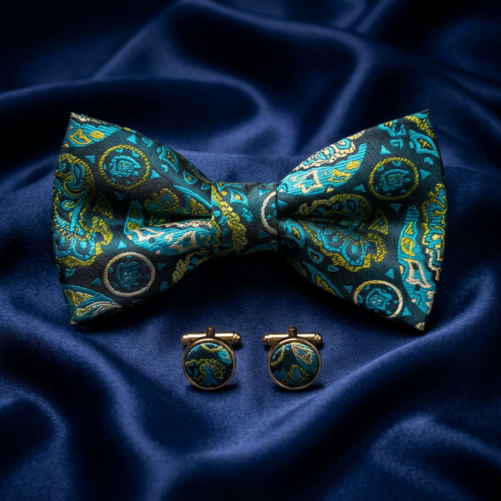 Teal & Gold Paisley Bow Tie Set