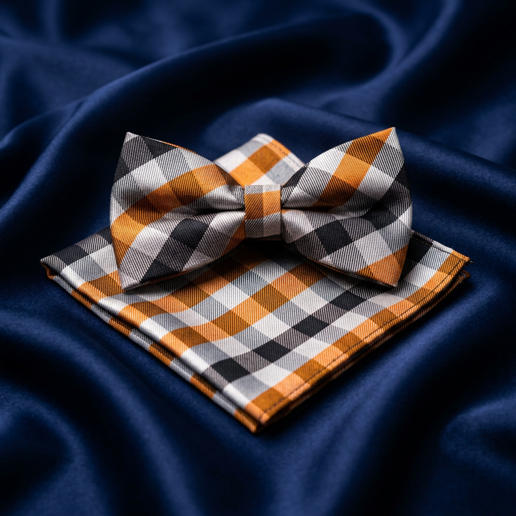 Orange & Black Plaid Bow Tie & Pocket Square