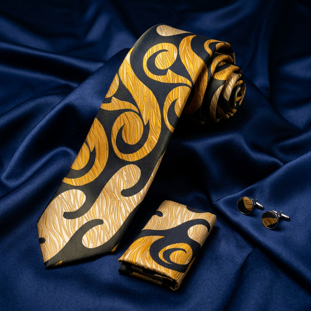 Gold & Black Swirl Necktie 3 Piece Set