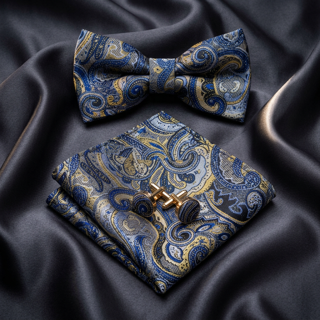 Blue & Gold Paisley Bow Tie 3 Piece Set