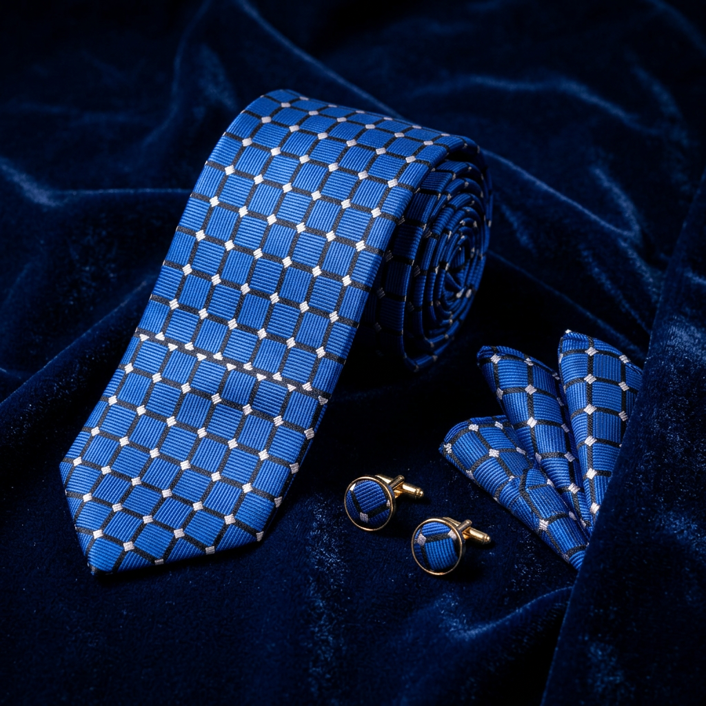 Royal Blue Check Necktie Set