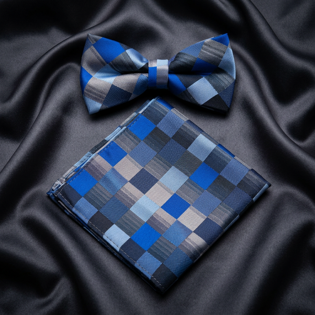 Blue Pixel Check Bow Tie & Pocket Square