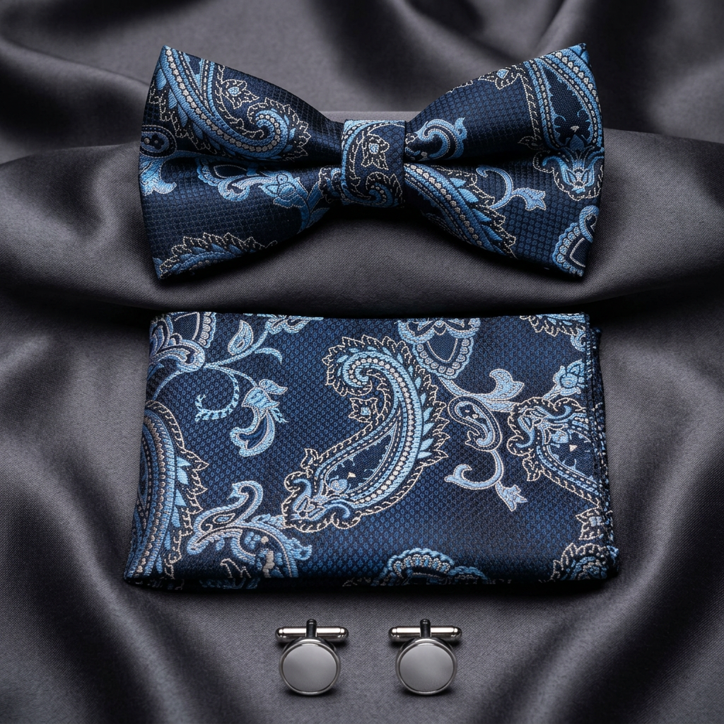 Navy & Light Blue Paisley Bow Tie 3 Piece Set