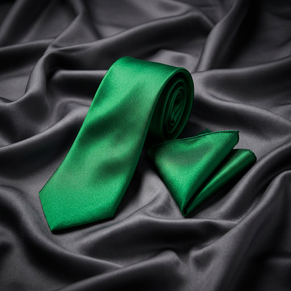 Emerald Green Satin Necktie & Pocket Square