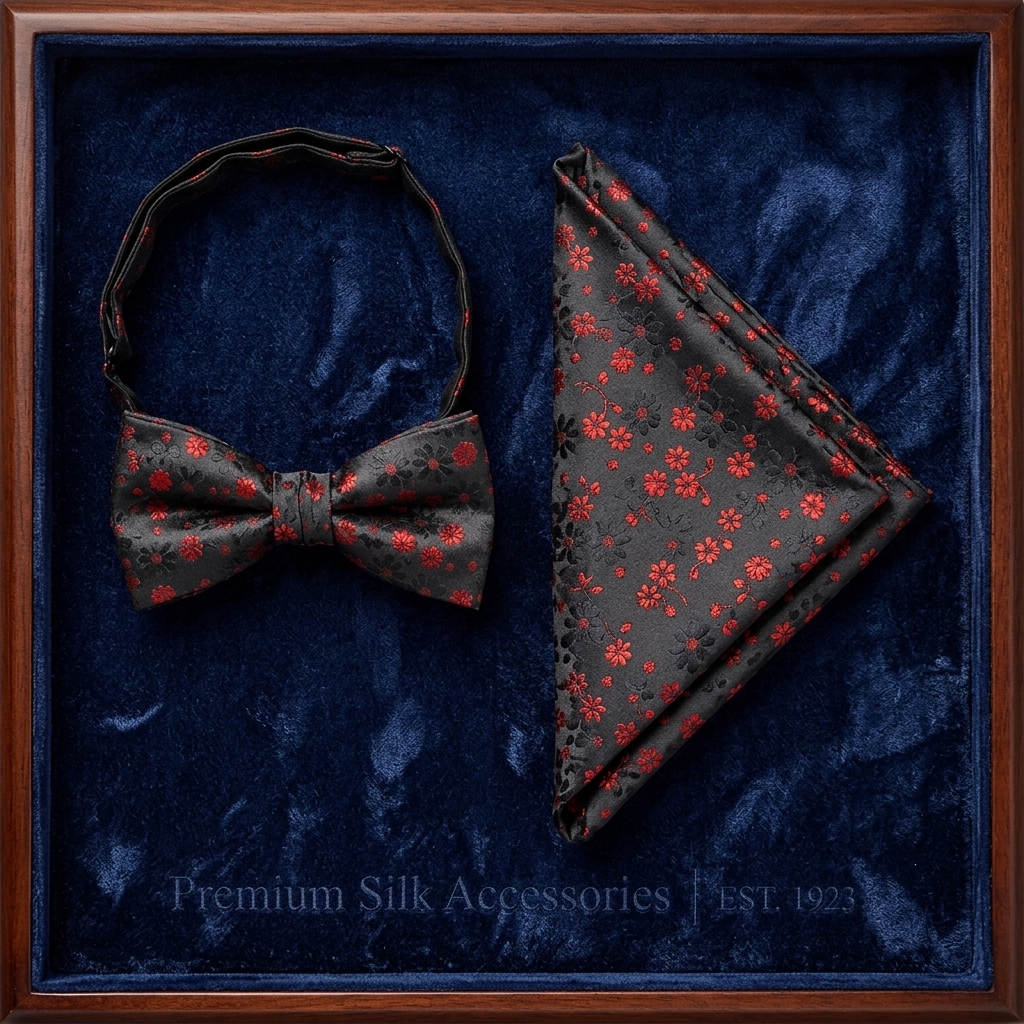 Black & Red Flowers Bow Tie Set